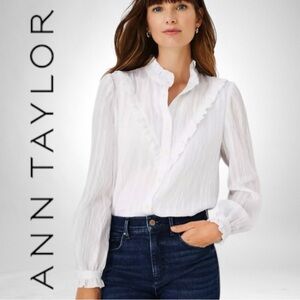 ANN TAYLOR White Ruffled Mock Neck Long Sleeve Button-up Lined Blouse Size Large